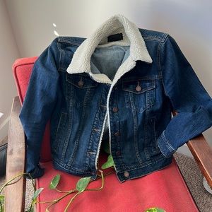 Dark wash Articles of Society jean jacket with sherpa collar detail